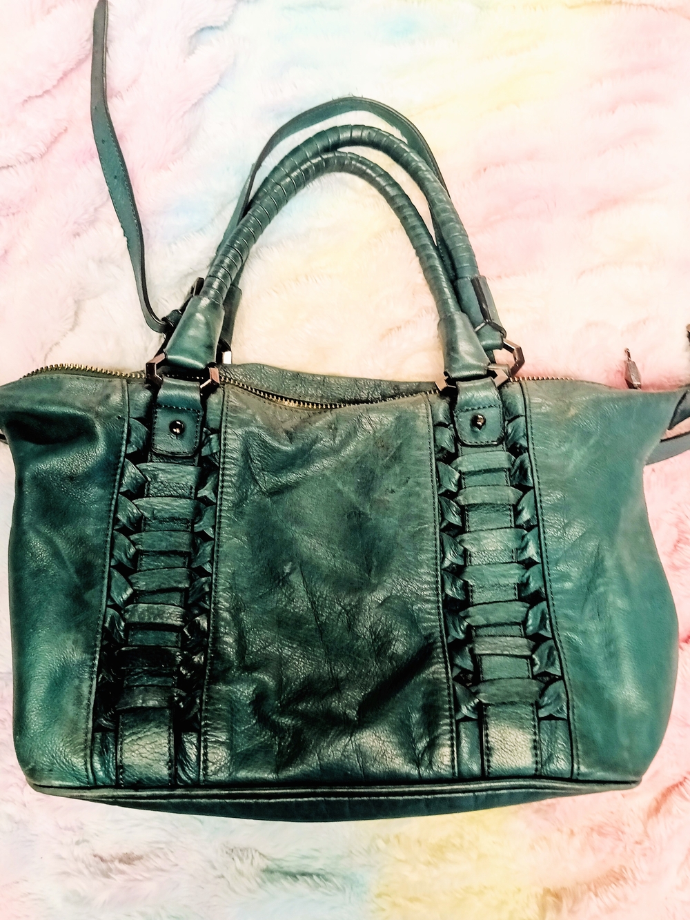 Romygold Green Leather Shoulder Tote with Braided Front Straps
